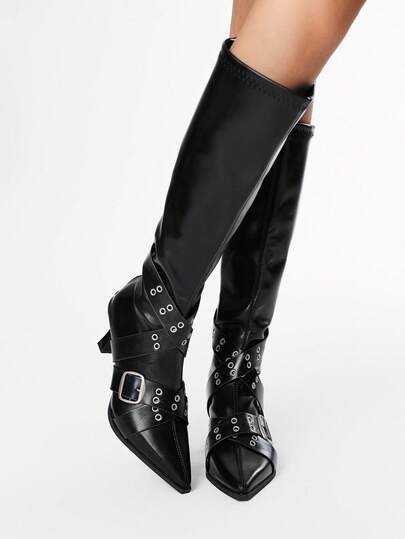Grunge Punk 2025 Fashion Pointed Toe PU Moto Boots, Dark Sexy Punk Style, Metal Stud Decor, Slim High Heel, Tall Shaft Women Boots