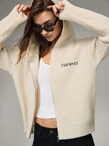Hanevo Women's Letter Pattern Long Sleeve Zip-Up Casual Hooded Cardigan, Autumn/Winter - Apricot - View 1