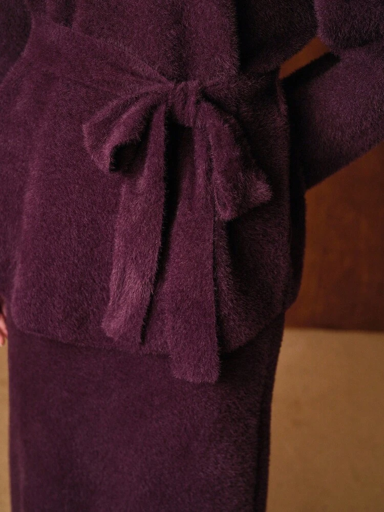 SOLID NOTCH NECK FLUFFY KNIT BELTED SWEATER & SPLIT BACK KNIT SKIRT SET