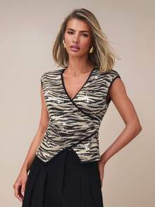 COSMINA Débardeur élégant pour femmes avec imprimé zébré et ornements de sequins au col en V, pour toutes les saisons