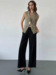 Firerie Women's Minimalist Elegant Daily Casual Urban Commute Office Wear Gray-Green Sleeveless Lapel Metal Button Fitted Blazer, Women's Blazer, Autumn/Winter Wear, Formal Occasion Wear - Green - View 8