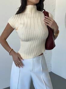 Firerie Elegant Commuter Solid Color Stand Collar Asymmetric Hem Knit Top - Light Yellow - View 8