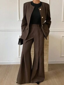 Livesso Ensemble 2 pièces pour femmes avec Top à encolure ronde et taille cintrée, et pantalon ample pour l'automne - Tabac - Voir 4