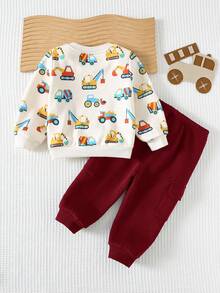 Cozy Pixies 2 件套男婴卡通鹤图案针织柔软圆领长袖套头衫和松紧腰裤套装 - 酒紅色 - 查看 2