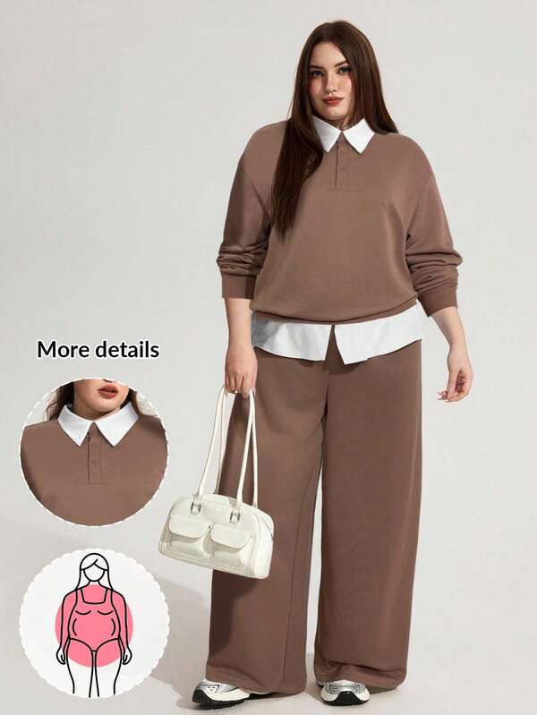 Enliva Conjunto informal de 2 piezas para mujer talla grande, sudadera y pantalón de chándal, sudadera y pantalones, conjunto a juego casual para otoño e invierno, para silueta redondeada tipo manzana, CURVE PLUS