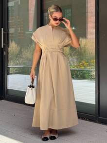 Bethéva Đầm suông cổ chữ V đơn giản thanh lịch, buộc eo, có chân váy xếp nếp, thời trang và chất lượng cao khi đi làm hoặc hẹn hò - Màu Khaki - Xem 5