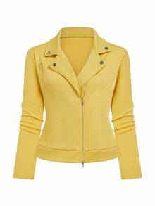 EMERY ROSE Women's Casual Textured Fabric Zip-Up Lapel Motorcycle Jacket - Yellow - View 7
