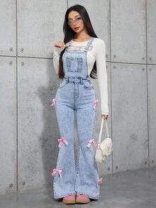 SHEIN 少女 Y2K 时尚浅色水洗蝴蝶结复古可爱牛仔背带裤喇叭裤连体裤，带斜口袋，适合日常旅行、户外、家居 - 深色水洗藍 - 查看 5