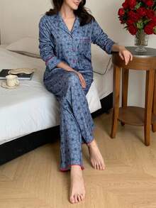 DAZY Floral Print Contrast Trim Women Pajama Set Fall Winter Clothes - Blue - View 7