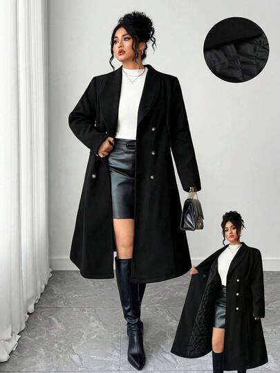 Elenzga Plus Size Women's Thick Turndown Collar Double-Breasted Long Coat, Fashionable & Elegant For Daily Commute, Versatile For Autumn/Winter