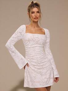 SHEIN BAE Autumn And Winter Women's Birthday Party Outfit White Knitted 3D Floral Square Neck Long Sleeve Tight A-Line Mini Dress,Elegant Wedding Dresses,Autumn/Winter Dress ,New Year Dress,Party Dress ,White Dress, - White - View 10