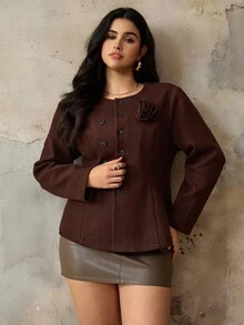 Roveilla Plus Size Women's Double-Breasted Floral Woolen Jacket, Elegant Regular Fit Coat For Winter Blazer Dress Plus Size Plus Size Jacket Earthy Plus Size Plus Size Western Clothing - Brown - View 5