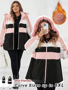 SHEIN CURVE+ Plus Size Multi-Color Patchwork Thermal Lined Hooded Padded Coat For Women In Fall/Winter - Multicolor - View 10