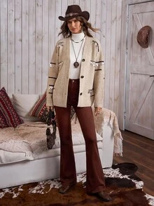 LanaWest Women's Western Style Casual Button & Sequin Embellished Cardigan - Khaki - View 4