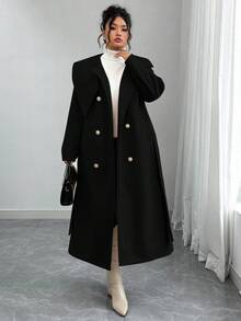 Elenzga Plus Size Women's Solid Color Tie Waist Double-Breasted Long Sleeve Elegant High-Quality Romantic Long Woolen Coat Long Coat Women Coats Winter Coat Women Coat Outerwear Women Trench Coat Women