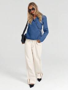 Avantive Aqua Blue,Autumn,Casual,Everyday Women's Cowgirl Denim Top,Turndown Collar Long Sleeve Wrap Tie Blue Washed Denim Blouse,Elegant Chic Vintage Shirt - Blue - View 7
