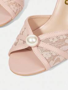 CUCCOO HITCHD Women's Round Toe Lace And Pearl High Heeled Sandals For Christmas - Baby Pink - View 6