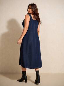 Elaquor 大码休闲通勤前扣无袖牛仔连衣裙