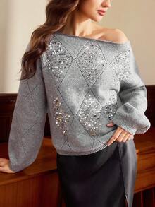 Vintamour Women's Rhombus Sequin Crew Neck Casual Sweater Winter Clothes For Women New Year Women's Clothes Sequin Top Sequin Sweater Sparkly Top Sparkly Sweater
