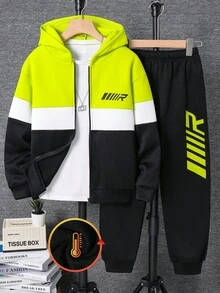 SHEIN Bộ 2 áo khoác thể thao thường ngày có mũ trùm đầu cho bé trai tuổi teen có cổ đứng trang trí, khóa kéo nửa và quần cạp chun, thích hợp cho thể thao, ngoài trời, trở lại trường, xuân/hè/thu/đông - màu xanh lá - Xem 2