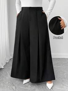Elenzga Plus Size Women's Elegant Solid Color Split Wide Leg Pants, Suitable For Commuting And Everyday Wear - Black - View 1