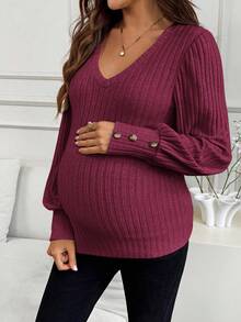 SHEIN Maternity Solid Color V-Neck Bubble Sleeve Ribbed Fitted T-Shirt Fall - Burgundy - View 3