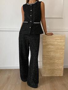 Livesso Bộ 2 món áo vest không tay và quần dài thường ngày cho nữ, mùa thu - màu đen - Xem 4