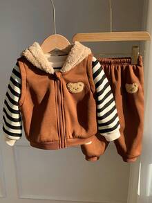 SHEIN 3 件套男童/女童秋冬可爱条纹羊毛连帽夹克，卡通图案拉链连帽夹克和裤子 3 件套运动服 - 彩色 - 查看 3