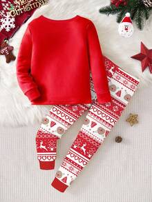 SHEIN 2pcs Girls Christmas Reindeer Pajama Set, Snug Fit Soft & Skin-Friendly Round Neck Long Sleeve Top And Long Pants, Cute Holiday Sleepwear, Christmas & New Year Gift Recommendation Snug Fit Family Christmas Matching Pajamas Set - Red - View 2