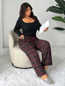Dazy Plus Quần ngủ dài kẻ sọc thẳng rộng rãi, ấm áp cỡ lớn cho nữ, mùa xuân/thu, thu và đông - Màu Đỏ Sâu - Xem 3