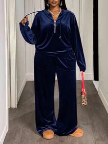 Slaydiva Bộ đồ thể thao thường ngày, thoải mái, màu nâu trơn, dáng rộng, vai rớt, gồm áo hoodie và quần dài ống rộng có túi, chất liệu nhung, dành cho nữ cỡ lớn, gồm 2 món. - Màu xanh lam - Xem 3
