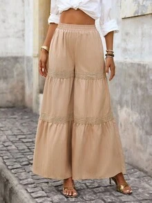 Brillora Women's Khaki Casual Lace Trim Wide Leg Pants,Boho Vacation Holiday Autumn Summer,Western Wear,Old Money Style,,Fall Winter,New Year Costume - Khaki - View 5