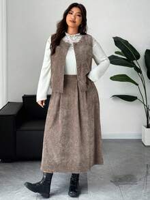Dazy Plus 2pcs Velvet Thickened Casual Vest & Skirt Set, Versatile Plus Size Autumn Outfit - Khaki - View 6