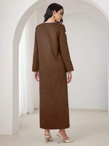 Yasmyna 女士优雅浪漫蝴蝶结撞色条纹派对连衣裙，休闲 A 字型阿拉伯连衣裙，适合日常休闲 - 棕色 - 查看 2