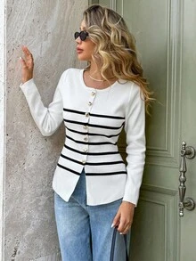Serisse Áo khoác cardigan dệt kim dài tay kẻ sọc cài một hàng khuy kim loại thời trang thu đông cho nữ - Đen và trắng - Xem 8