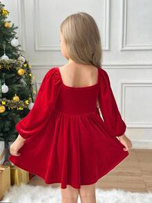 SHEIN Váy ngắn chữ A thắt nơ lớn màu đỏ trơn cho bé gái, tay dài, cổ điển thanh lịch, thích hợp cho tiệc tùng, giáng sinh, vũ hội năm mới, mùa đông - Màu Đỏ Sâu - Xem 2