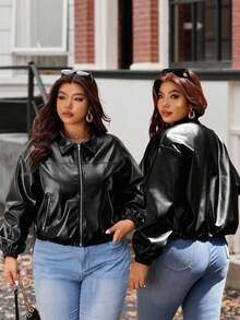 Vionelle Große Größen PU Leder Kurze Motorrad Jacke, Stehkragen Große Größen Lederjacke Große Größen Streetwear Große Größen Y2K Kleidung Große Größen Oberbekleidung XXL Damen Jacke - Schwarz - Übersicht 7