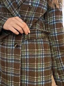 女士棕色复古格子翻领长袖休闲西部夹克，LanaWest