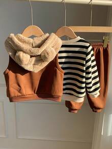 SHEIN 3 件套男童/女童秋冬可爱条纹羊毛连帽夹克，卡通图案拉链连帽夹克和裤子 3 件套运动服 - 彩色 - 查看 2