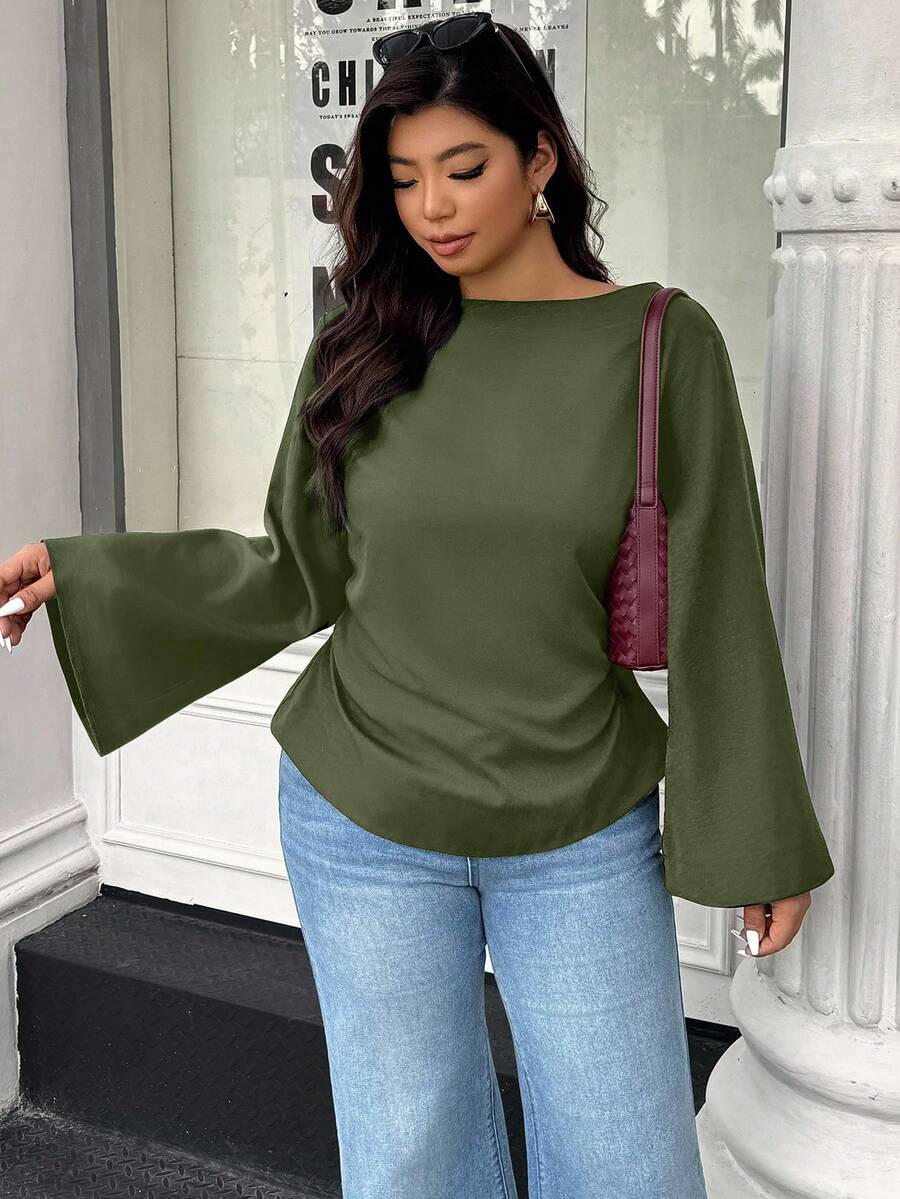 Easura 秋季大码休闲纯色喇叭袖衬衫 - 綠色 - 查看 1