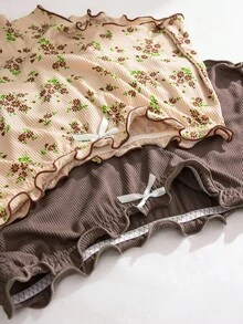 PetitDoll 5pcs/Set Comfortable Floral Print Ruffle Trim Boyshort Panties