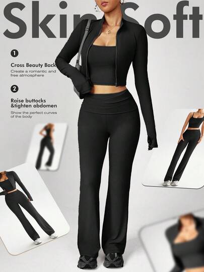 Dewbera Women's 3 PiecesYoga Workout Set, Casual Sexy Outdoor Running U-Neck Top, Comfortable Tummy Control Lifting Leggings, High Neck Tight-Fitting Long Sleeve Thumb Hole Jacket