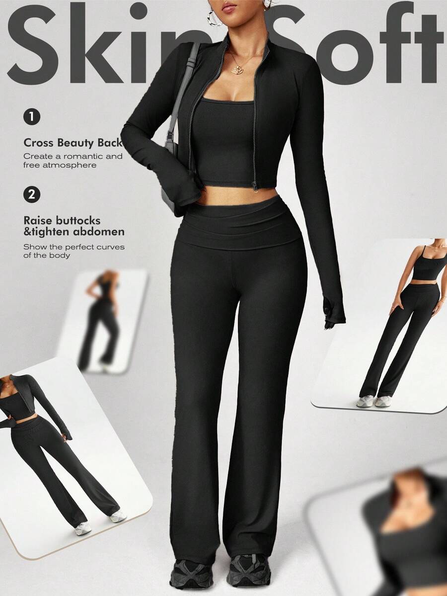 Dewbera 女士三件套瑜伽健身套装，休闲性感户外跑步 U 领上衣，舒适收腹提拉紧身裤，高领紧身长袖拇指孔夹克 - 黑色 - 查看 1