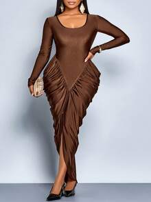 SOLERSUN Plus-Size Women's Clothing For Autumn And Winter, Suitable For Daily Commuting Or Parties, Shiny, Knitted Fabric, Brown, Long Sleeves, Square Neckline, Fitted Hips, Curved Hem, Center Front Slit, Maxi Skirt,Cocoon Shaped Package,Haiioween,Christmas,New Year,Graduation Dress,Prom Dress, - Coffee Brown - View 4