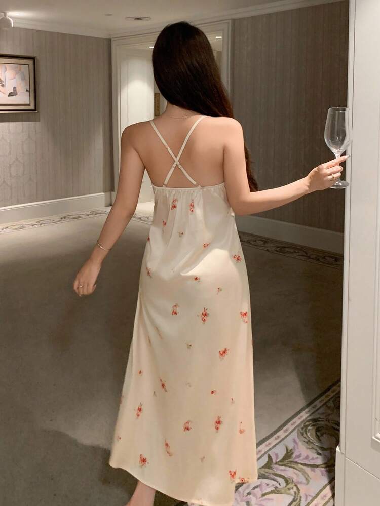 Floral Lace Patchwork Waist Cinched Long Slip Dress For Women Pajama