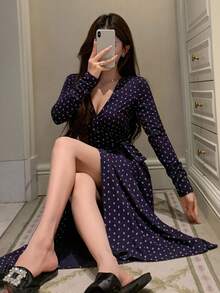 DAZY 迷人波点印花收腰长款女士睡衣，冬季 - 藏蓝色 - 查看 4