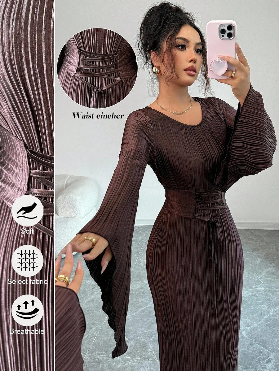 Elenzga 大码优雅纯色喇叭袖交叉系腰连衣裙 - 咖啡棕 - 查看 1