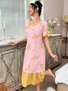 CottageSlumber Contrast Color Ruffle Trim Floral Print V-Neck Short Sleeve Nightgown - Pink - View 3