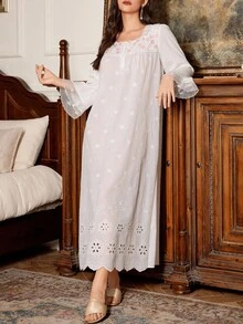 PalaceNights Women's Vintage Palace Style Square Collar 3D Floral Embroidery Lace Trim Long Nightgown, For Fall, Winter - White - View 1