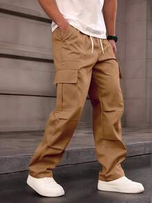 Manfinity Homme 男士纯色抽绳腰口袋休闲宽松直筒工装裤，棕色运动裤，街头潮流，秋季 - 薑色 - 查看 3